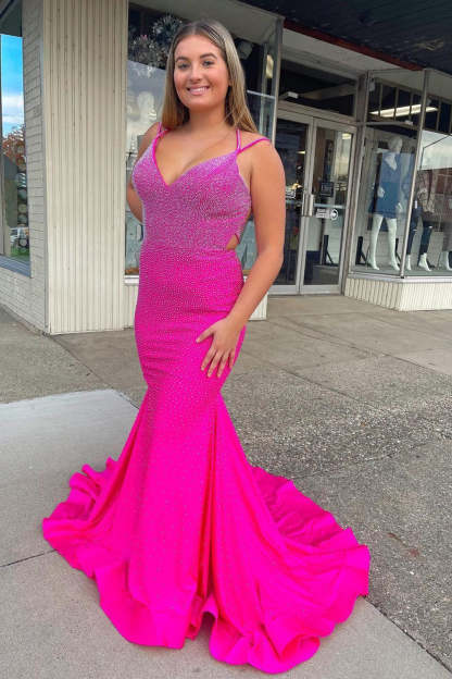 Fuchsia Long Prom Dress with Mermaid Spaghetti Straps and Sweep Train