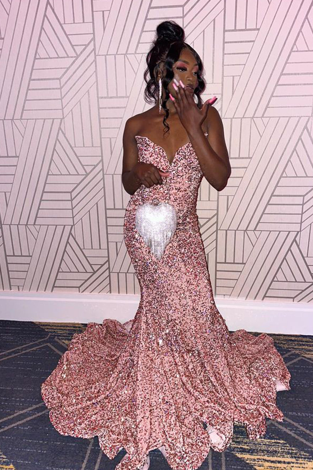 Long Prom Dress with Fuchsia Sequins in Mermaid Style