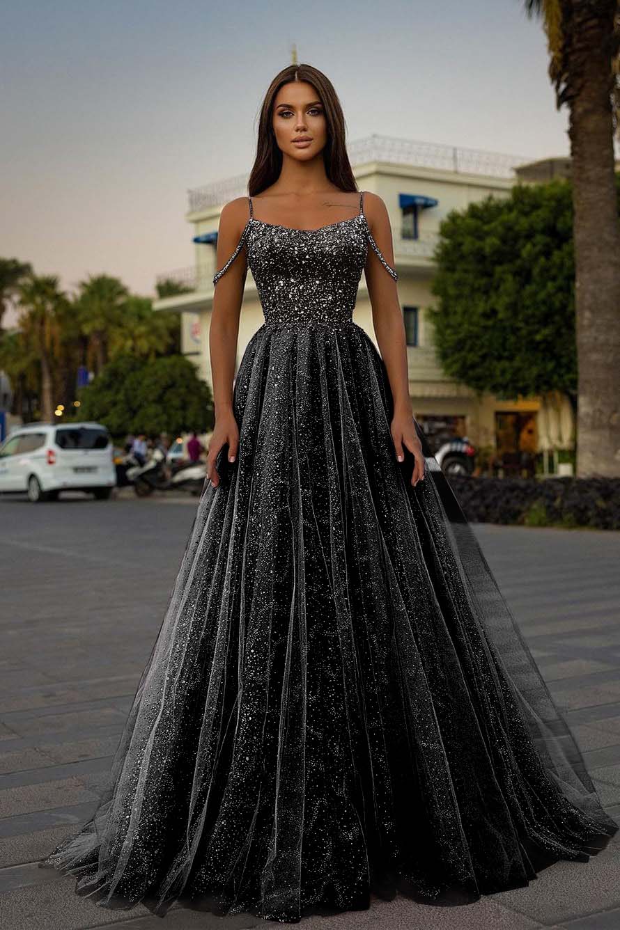 Tulle Spaghetti Strap Sleeveless A Line Long Formal Dress With Sequins Beads