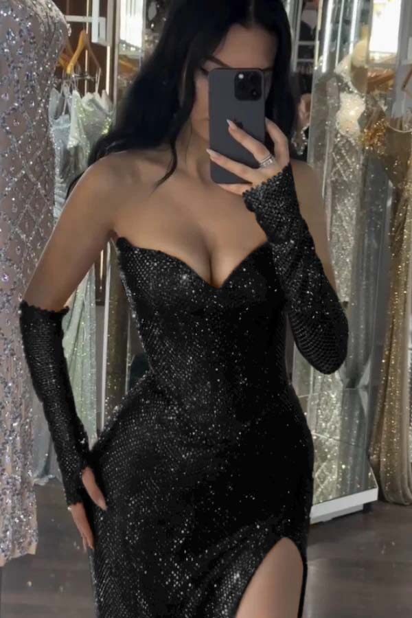 Sequin Strapless Long Mermaid Formal Dress With Split Detachable sleeves