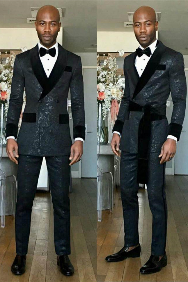 Slim Fit Black Shawl Lapel Double-Breasted Wedding Groom Suits