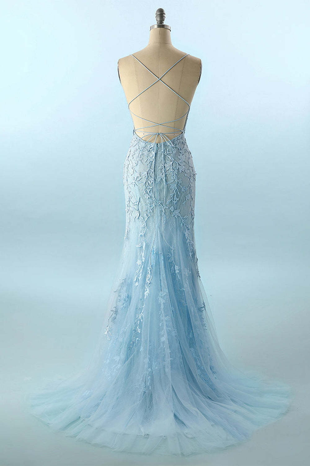 Backless Prom Dress with Blue Spaghetti Straps