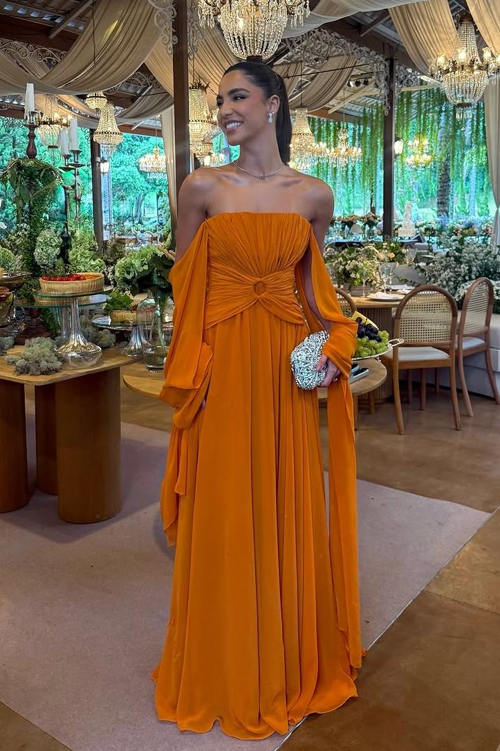 Orange Strapless Sleeveless Long Formal Dress With Pleated Ruffle