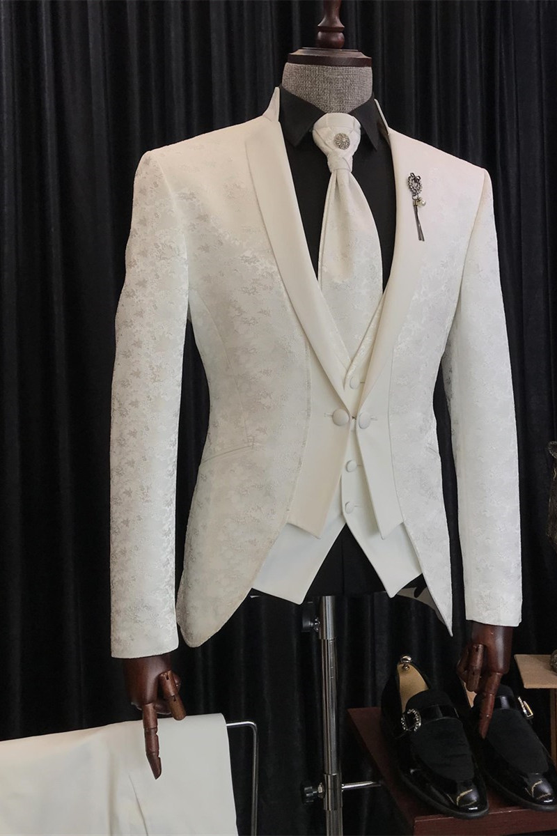 Christian New Arrival Three-Piece White Jacquard Special Lapel Wedding Suits