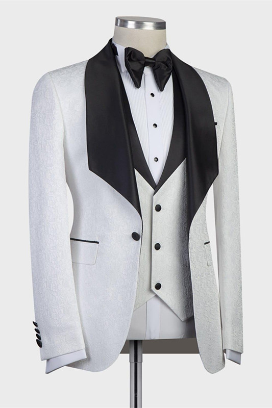 Black Shawl Lapel Wedding Groom Suits with White Three-Piece Jacquard
