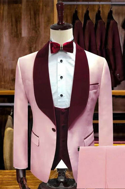 Stylish Slim Fit Candy Pink Shawl Lapel Men's Suits for Wedding