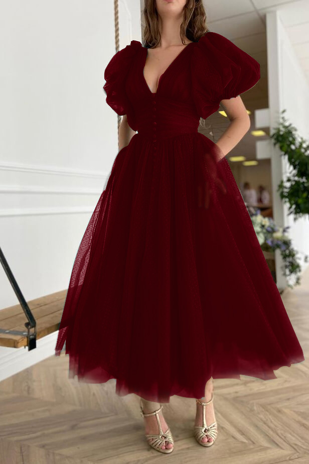 Dark Green Evening Dress A-Line With Short Sleeves V-Neck