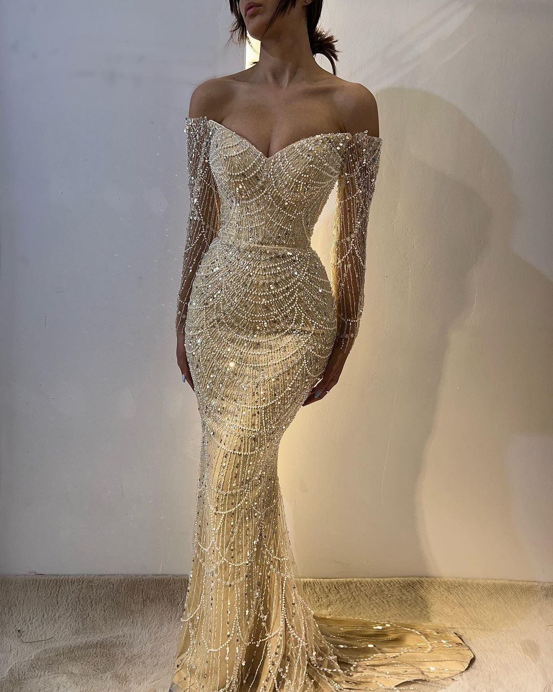 Champagne Luxurious Strapless Beaded Mermaid Prom Dress With Long Sleeves