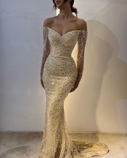 Champagne Luxurious Strapless Beaded Mermaid Prom Dress With Long Sleeves