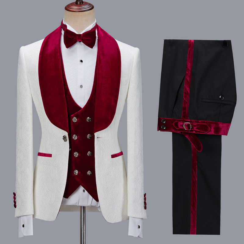 Nathanael White Jacquard Velvet Lapel Three-Piece Wedding Groom Men's Suits
