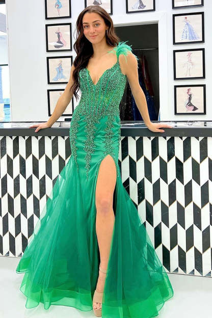 Long Green Prom Dress with Appliques in a Mermaid Deep V Neck