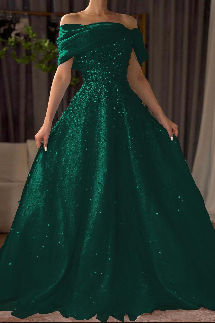 Off the Shoulder Sleeveless Long Formal Dress With Beading Tulle