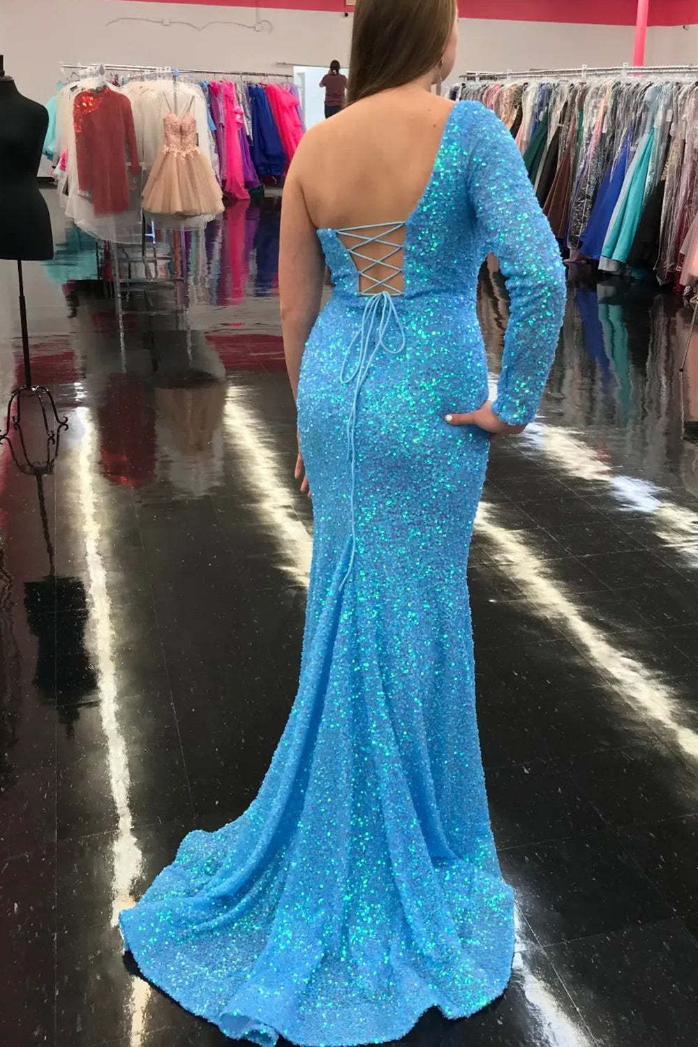 Long Sleeve One-Shoulder Sequined Mermaid Prom Dress with Slit