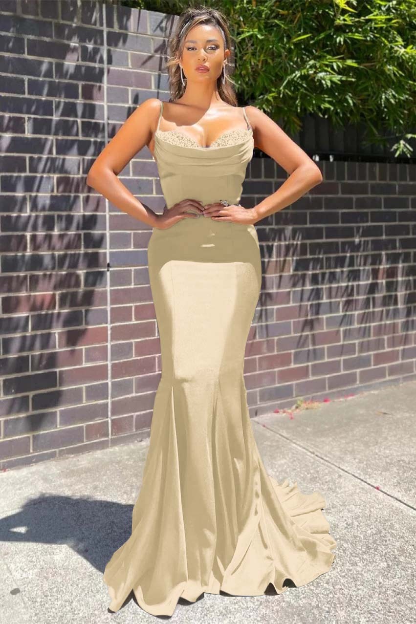 Long Spaghetti Strap Sleeveless Mermaid Ruffles Formal Dress With Beadings