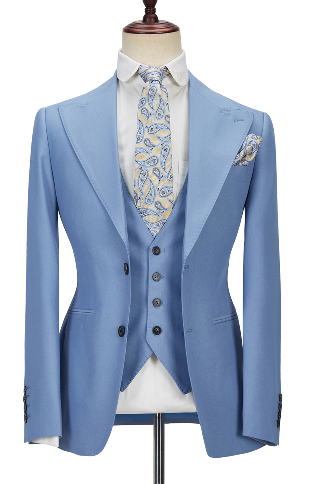 Gorgeous Blue Peak Lapel Three-Piece Homecoming Suits without Flap