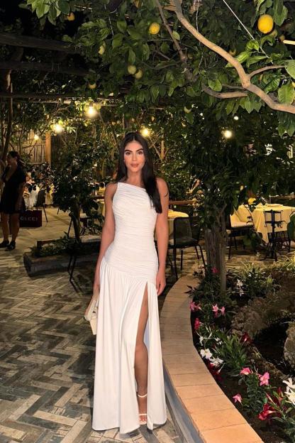 White One Shoulder Sleeveless Pleated Long Formal Dress With Split