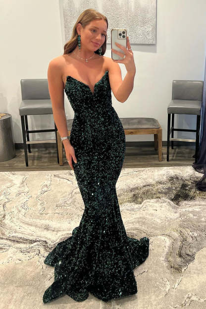 Dark Green Sequined Long Prom Dress with Sweetheart Mermaid Silhouette