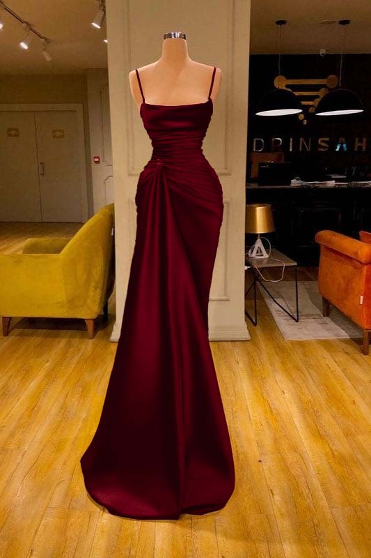 Spaghetti-Straps Cabernet Mermaid Prom Dress With Ruffles