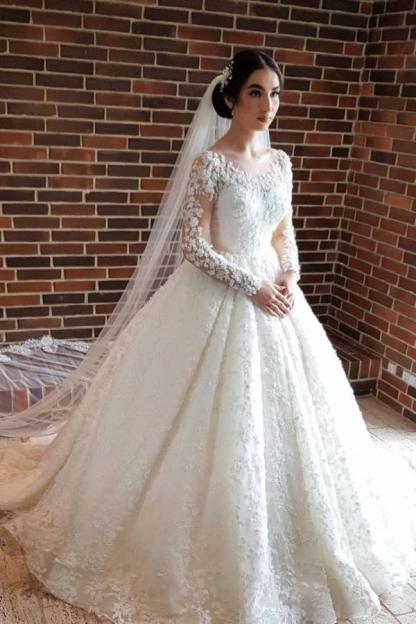Glamorous Long Sleeves Lace Princess Wedding Dresses