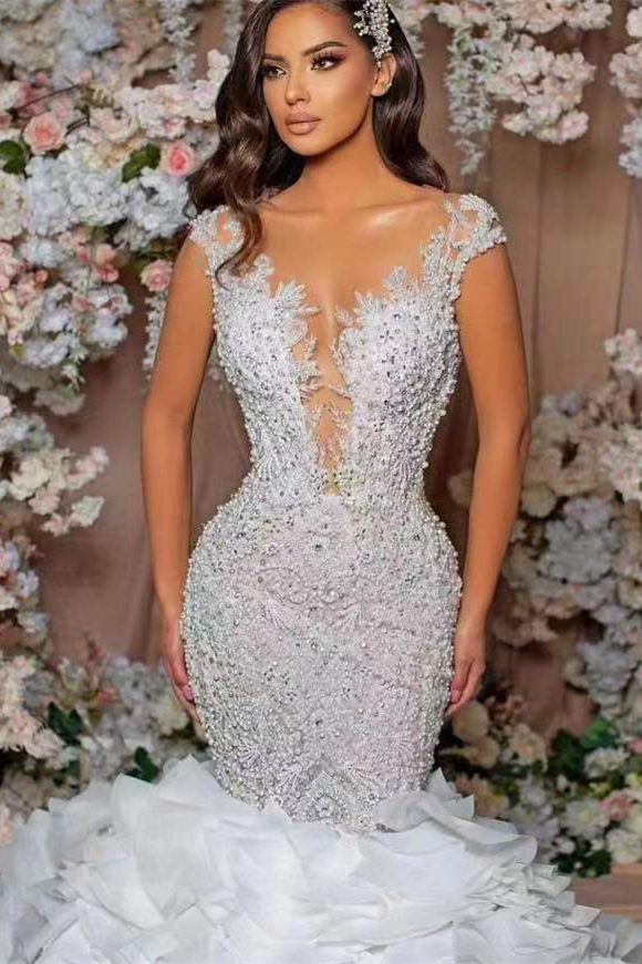 Glamorous Mermaid Cap Sleeves Lace Appliques Wedding Dress with Ruffle