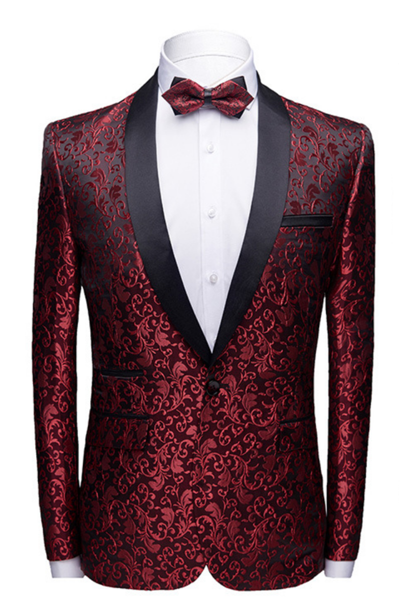 Classic Burgundy Shawl Lapel Jacquard Wedding Tuxedos Black Satin