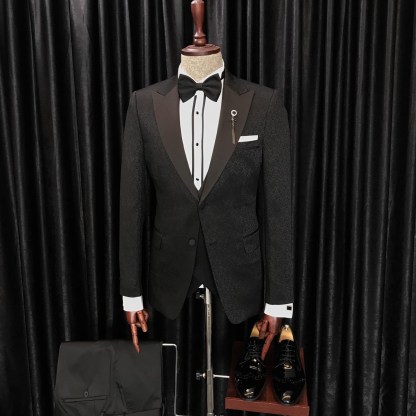 Newest Anthony Black Jacquard Three-Piece Peaked Lapel Wedding Men's Suits
