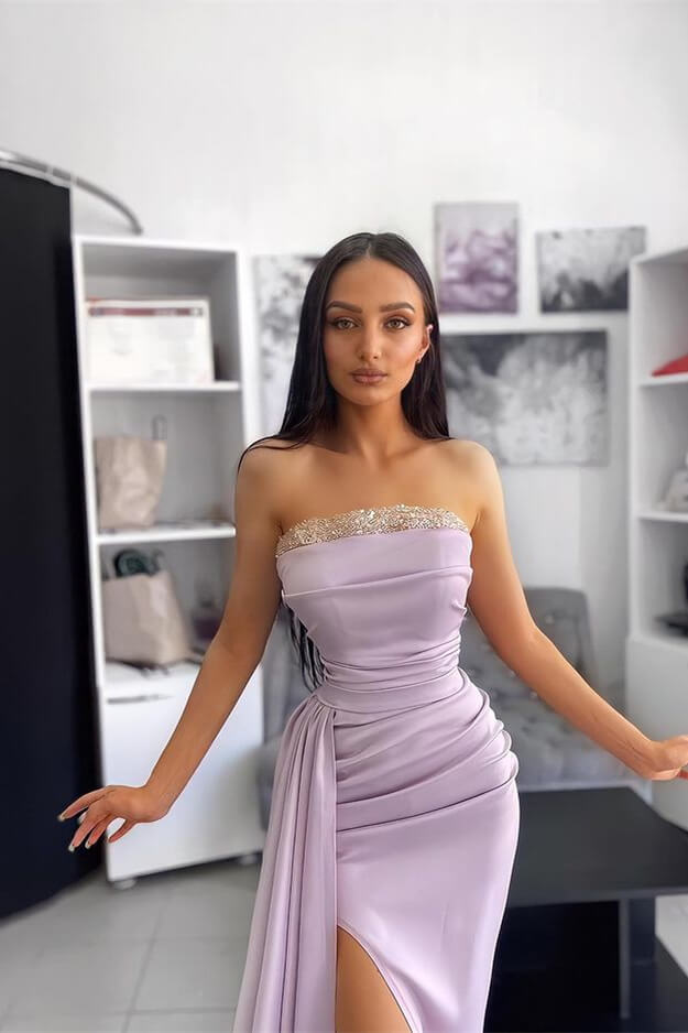 Strapless Pleats Slit Mermaid Evening Dress With Sequins