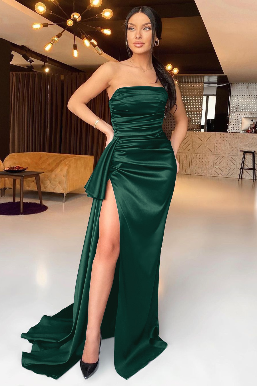 Black Mermaid Strapless Evening Dress With Split