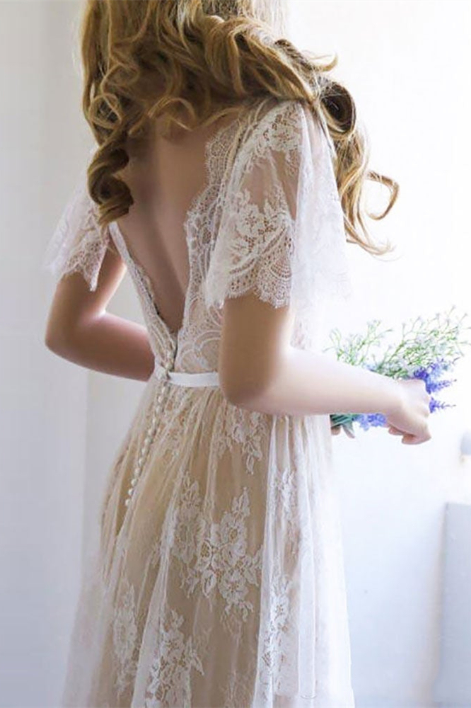 Lace Short Sleeves Boho Wedding Dress