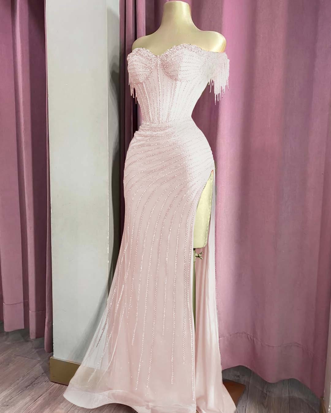 Off the Shoulder Sleeveless Long Split Formal Dress With Beading