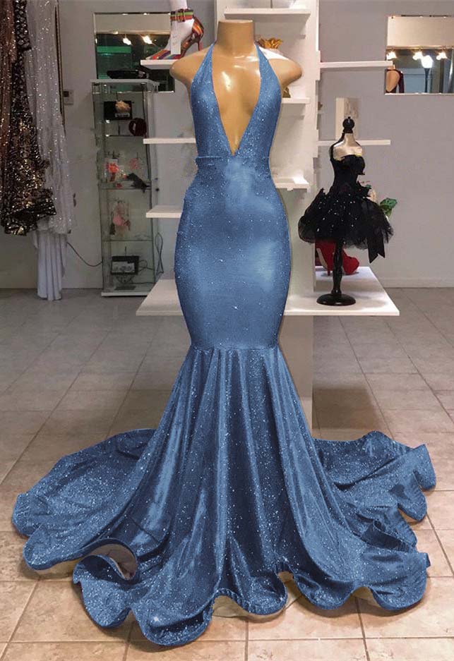 Halter V-Neck Mermaid Evening Dress With Sequins