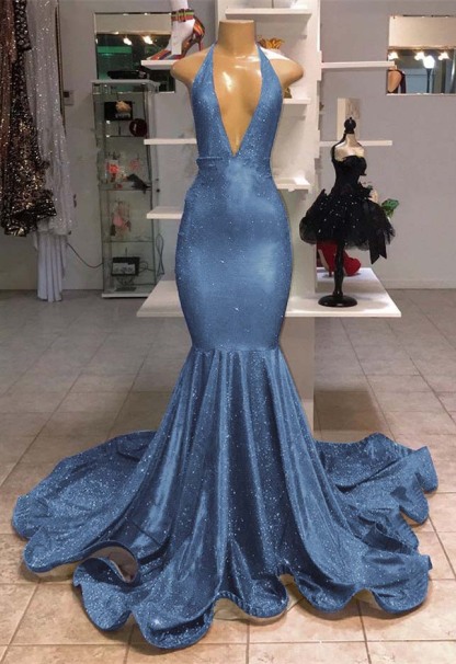 Halter V-Neck Mermaid Evening Dress With Sequins