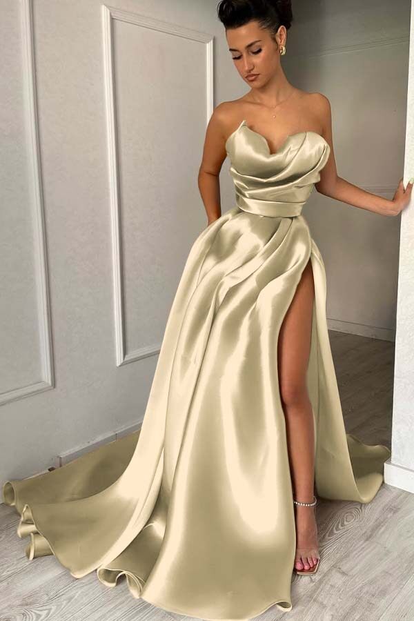 Strapless Sleeveless Long Formal Dress With High Split Pleated