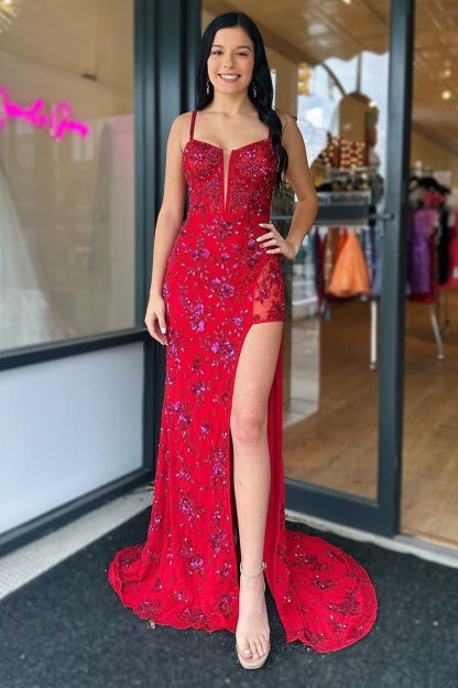 Elegant Red Mermaid Prom Dress with Stylish Spaghetti Straps and Front Split