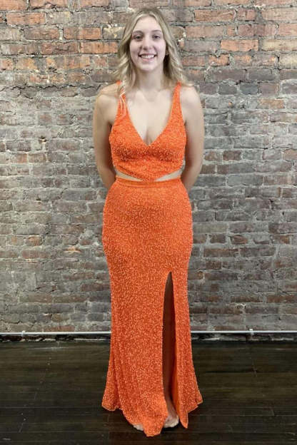 Long Backless Prom Dress with Deep V Neck and Orange Sequins