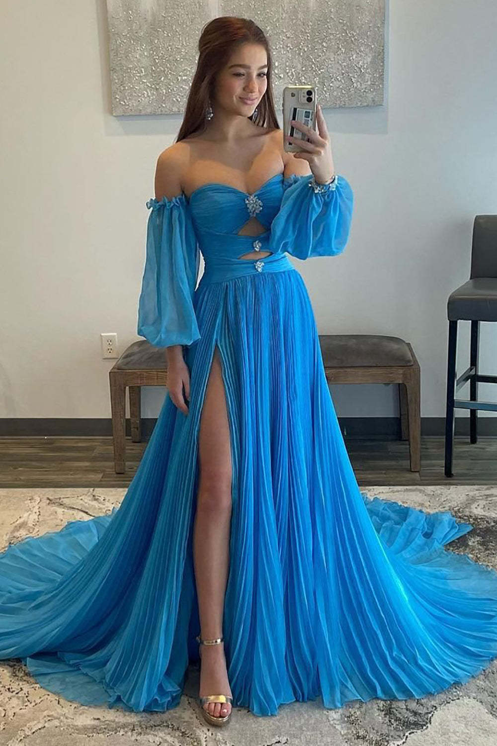 Long Blue Sweetheart A-Line Prom Dress with Front Split