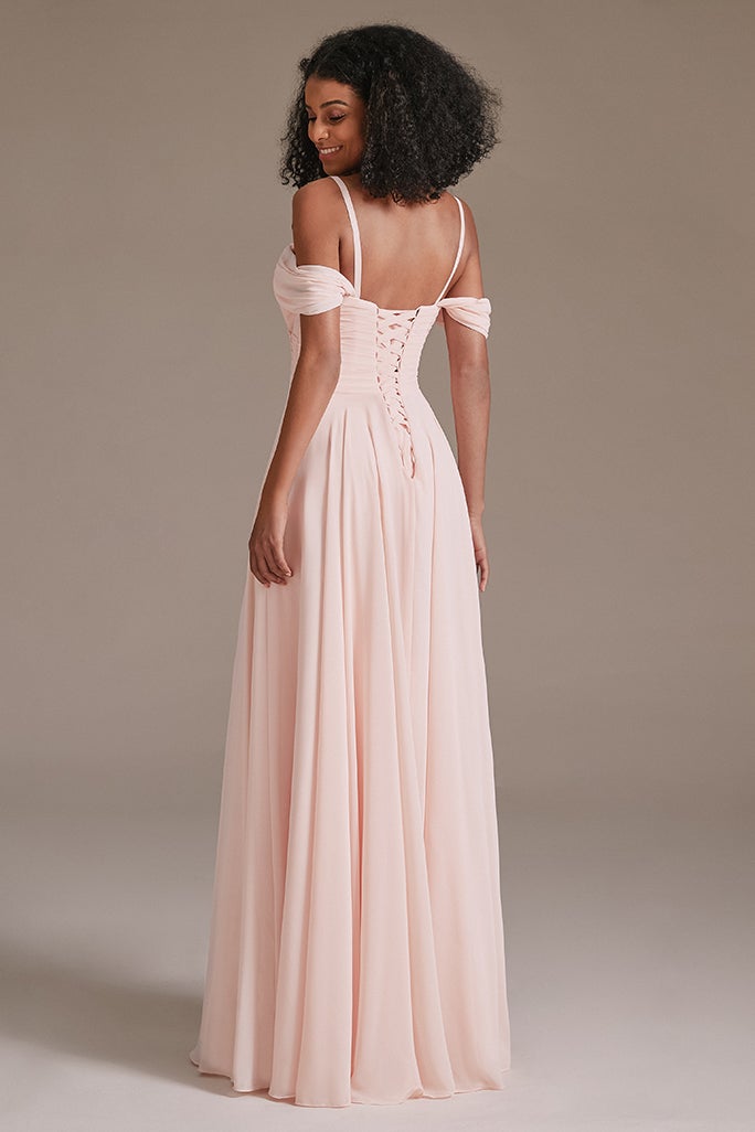 Blushing Pink Chiffon Off-the-Shoulder Bridesmaid Dress