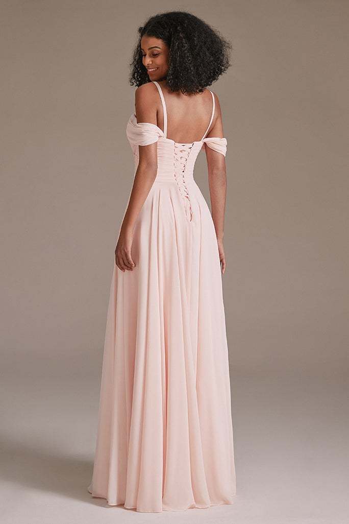 Blushing Pink Chiffon Off-the-Shoulder Bridesmaid Dress
