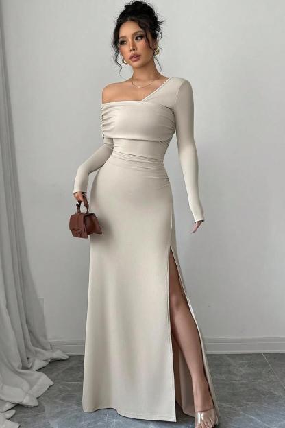 One Shoulder Long Sleeves Long Split Formal Dress With Pleated