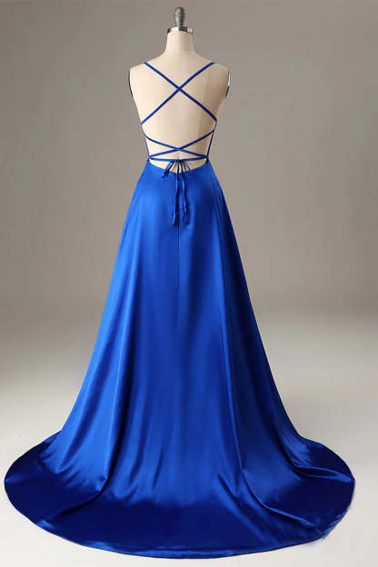 A Line Prom Dress in Royal Blue with Halter and Backless Design