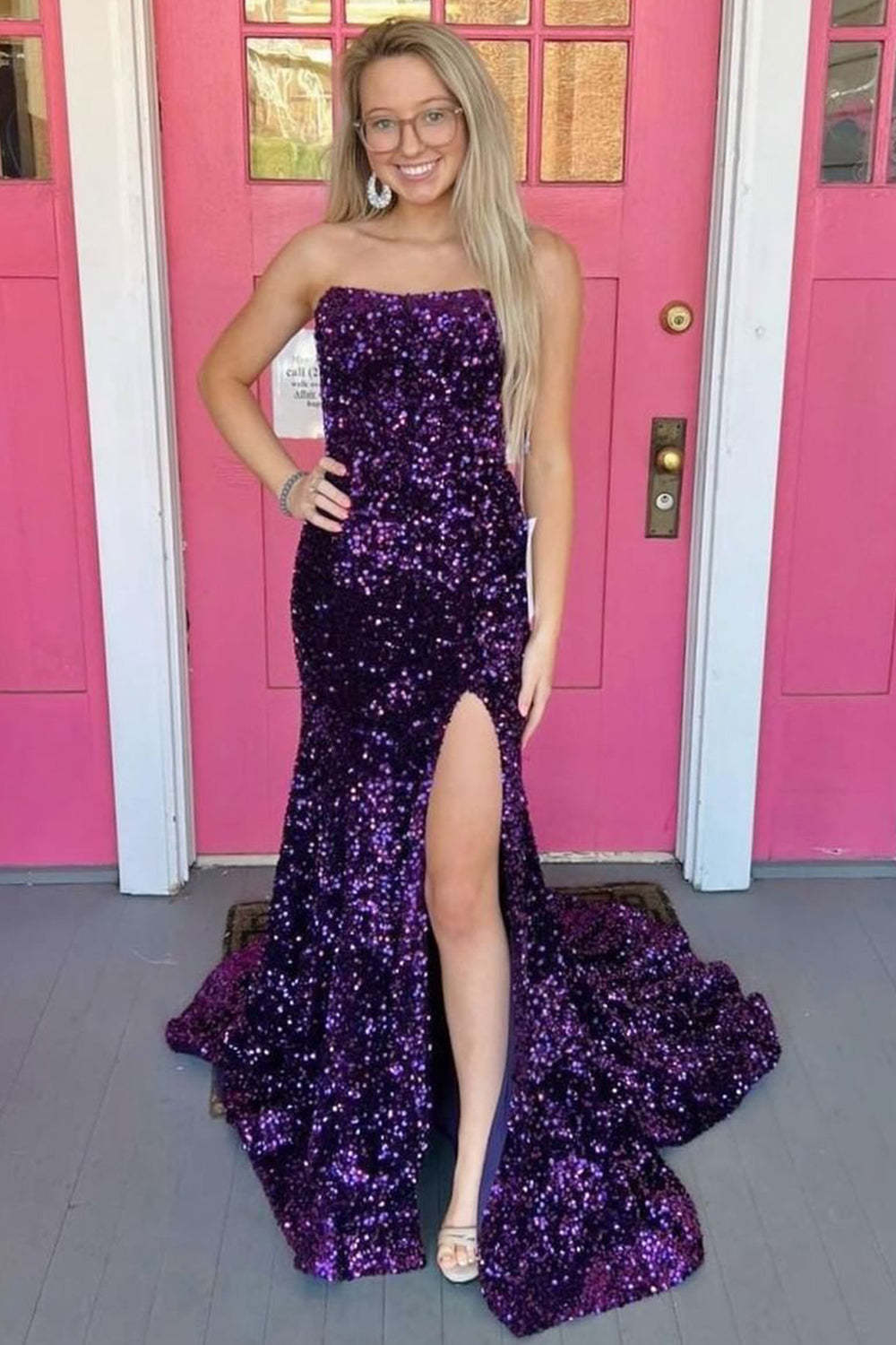 Sequined Black Prom Dress with Strapless Design and Slit