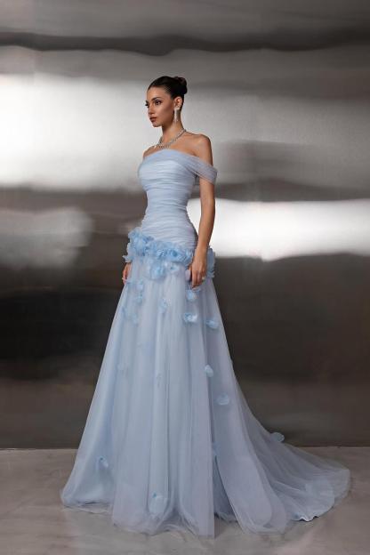 Off the Shoulder Sleeveless Long Formal Dress With Tulle Appliques