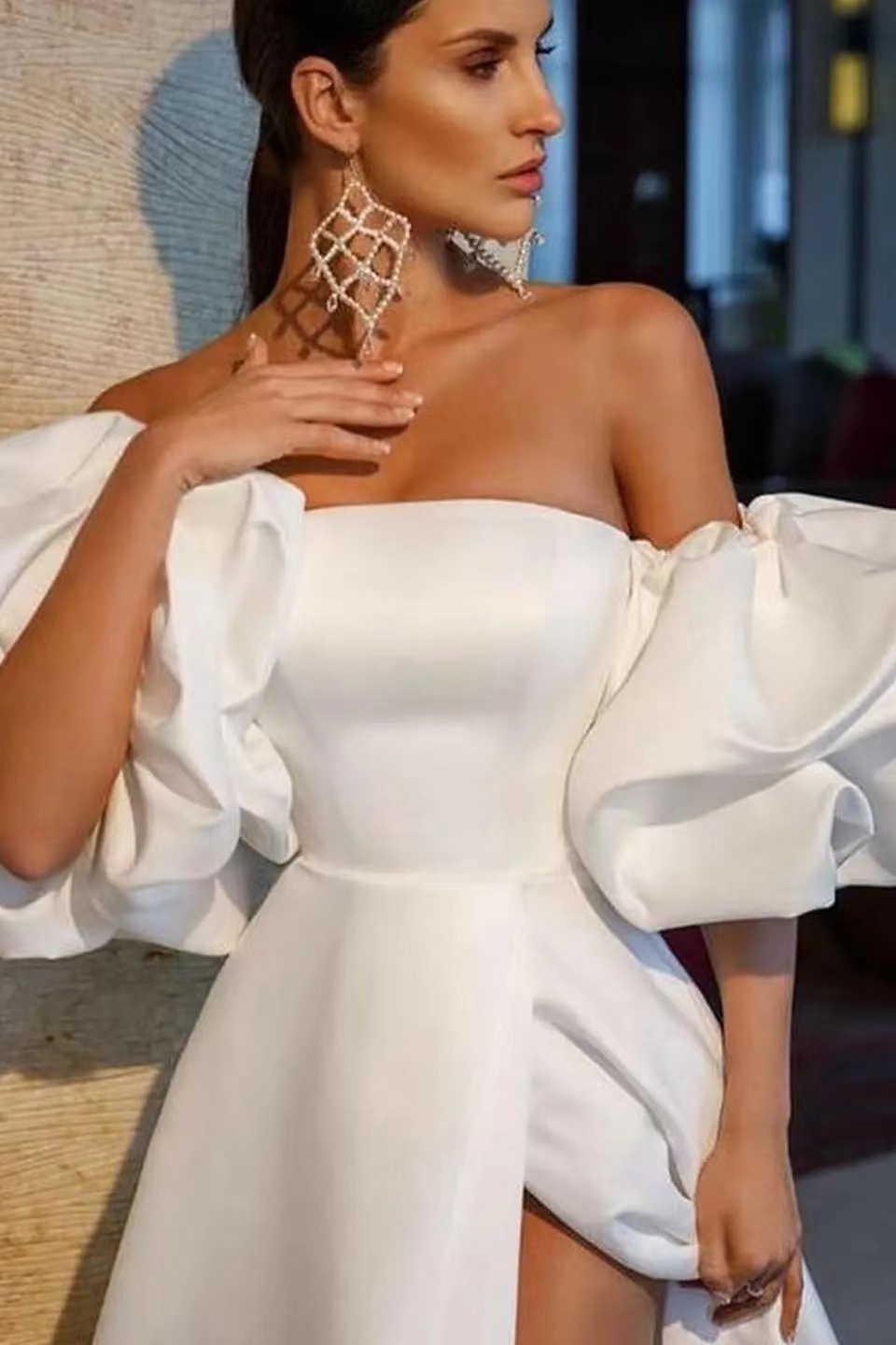White Off-The-Shoulder Long Evening Dress Bubble Sleeves With Slit