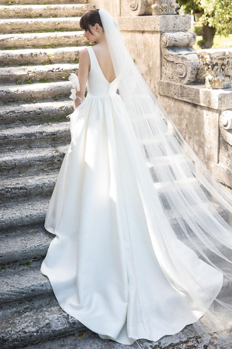 Sleeveless V-Neck Satin Wedding Dress
