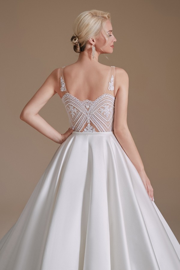 Charming A-Line V-Neck Satin Long Wedding Dress with Appliques Lace