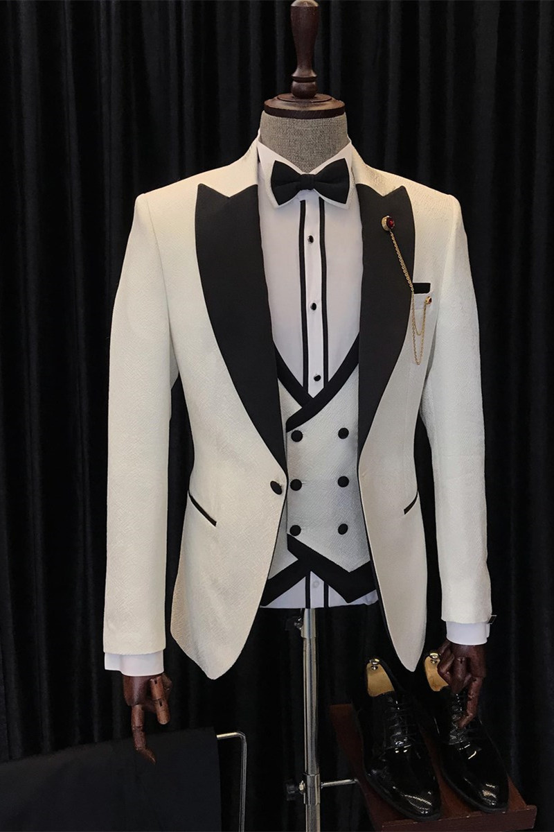 Antony Fashion White Three-Piece Wedding Men's Suits with Black Peaked Lapel