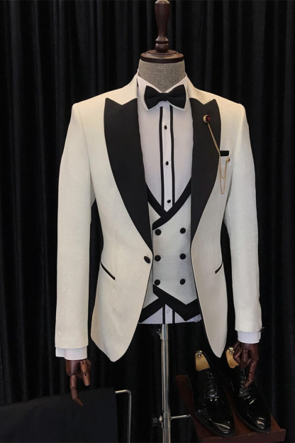 Antony Fashion White Three-Piece Wedding Men's Suits with Black Peaked Lapel