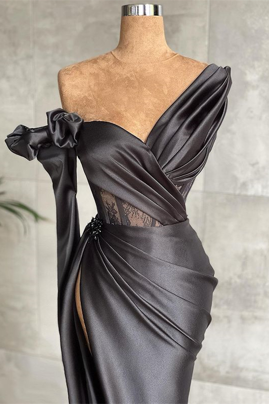 Black One Shoulder Long Sleeve Lace Pleated Long Formal Dress With Side Split