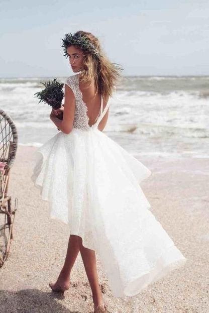 Modern Sleeveless A-Line Bateau Lace Beach Boho Hi-Lo Wedding Dress