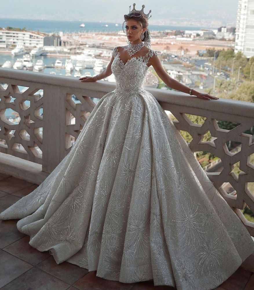 Glamorous Cap Sleeves Ball Gown Wedding Dress with Beadings